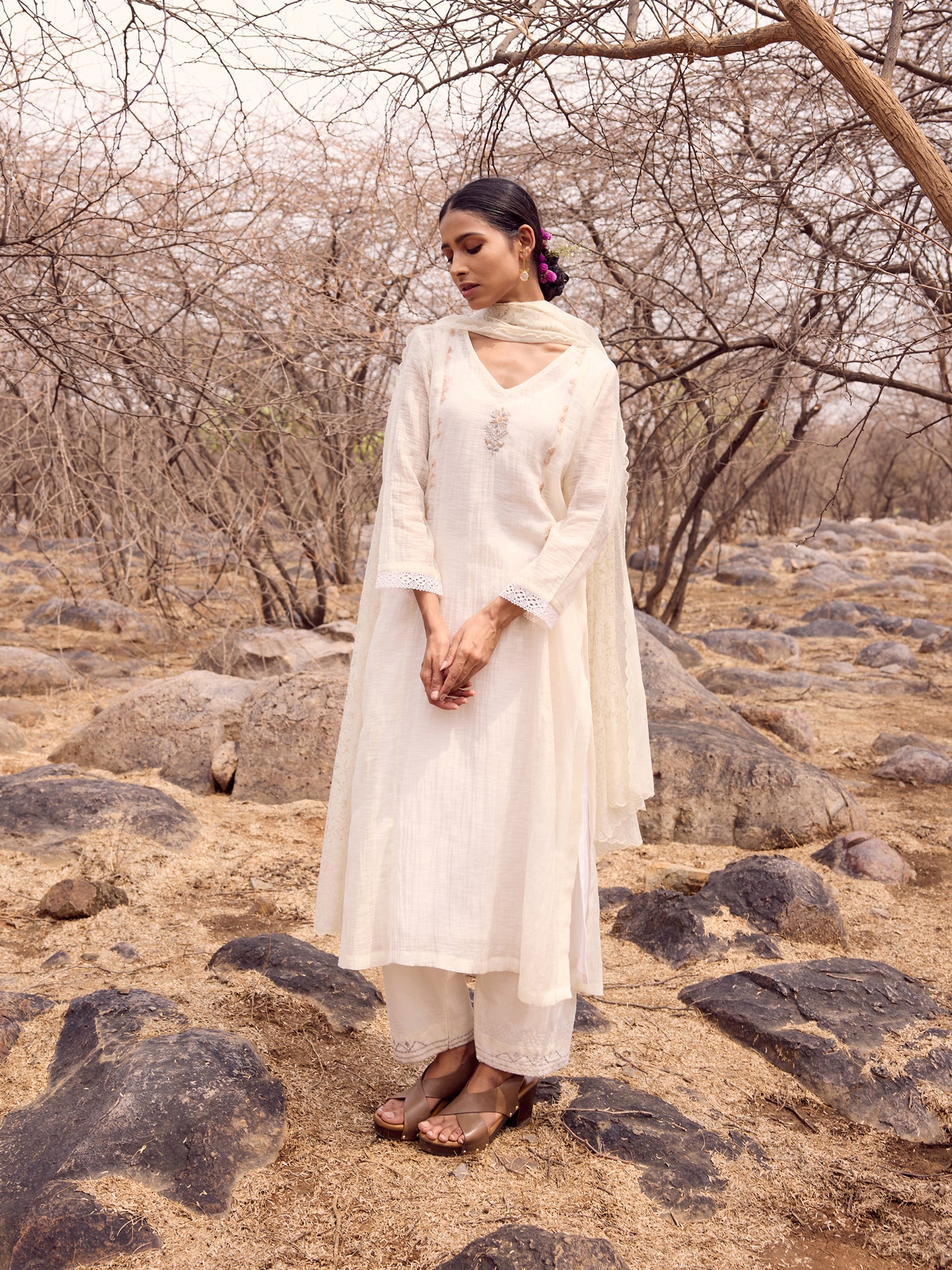 Off white khadi chanderi cutwork kurta