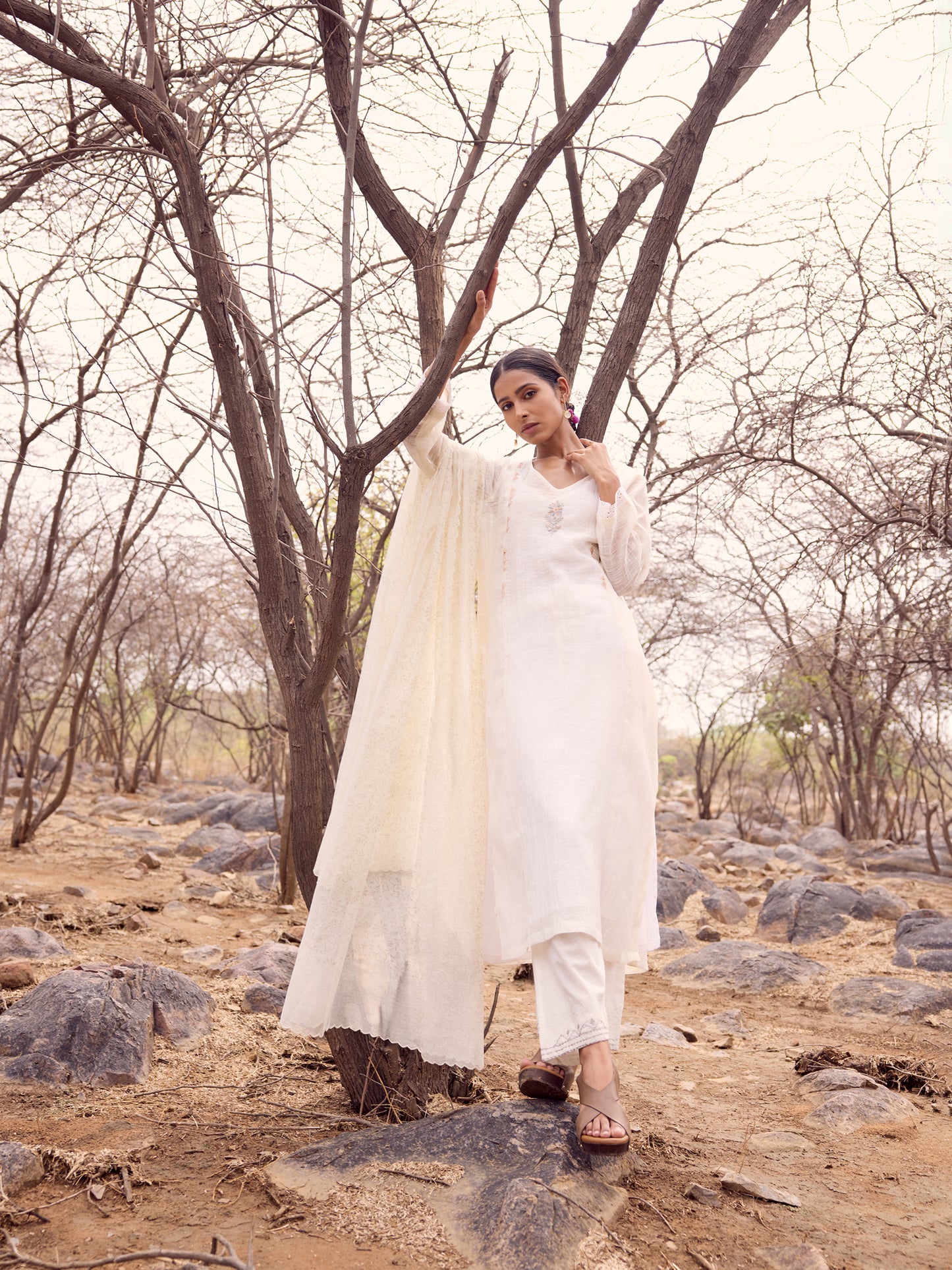 Off white khadi chanderi cutwork kurta