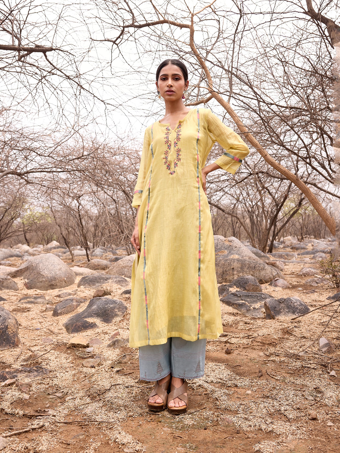 Lemon yellow mul chanderi thread work kurta