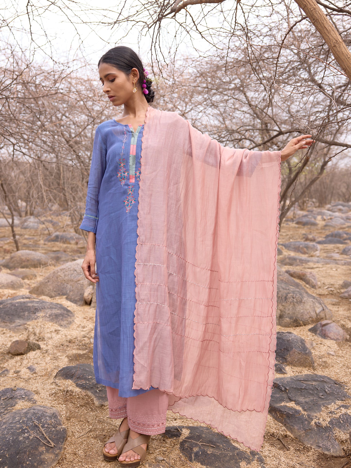 Navy blue mul chanderi threadwork kurta