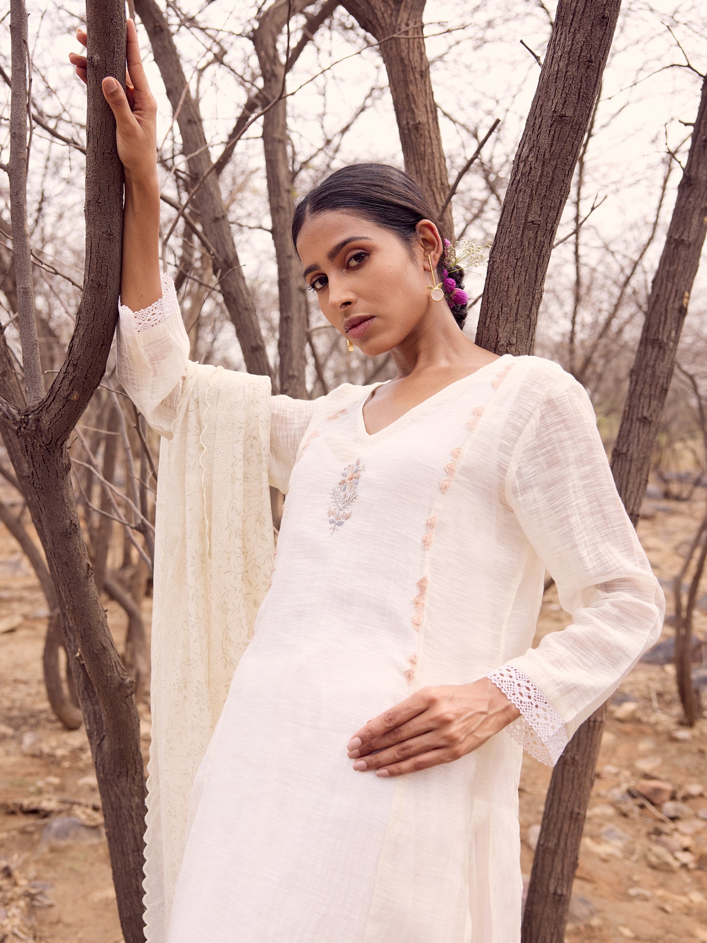 Off white khadi chanderi cutwork kurta