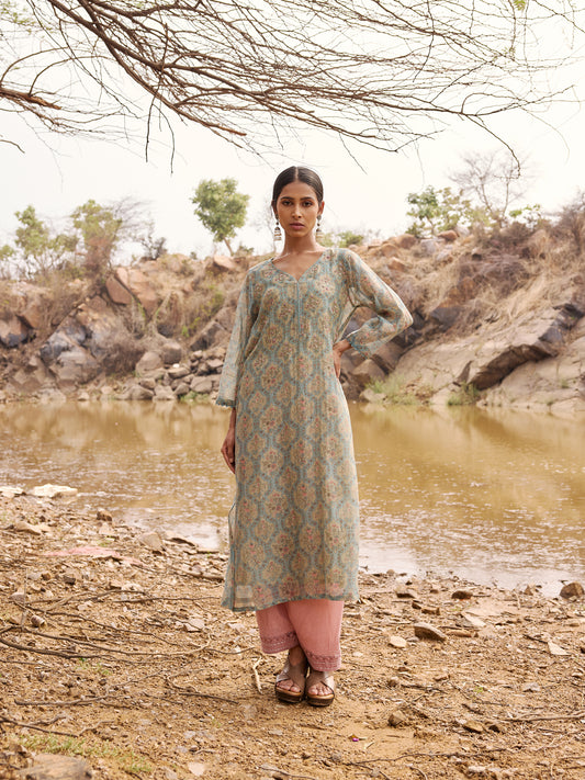 Sage Green and Blue Printed Mul Chanderi Beadwork Kurta
