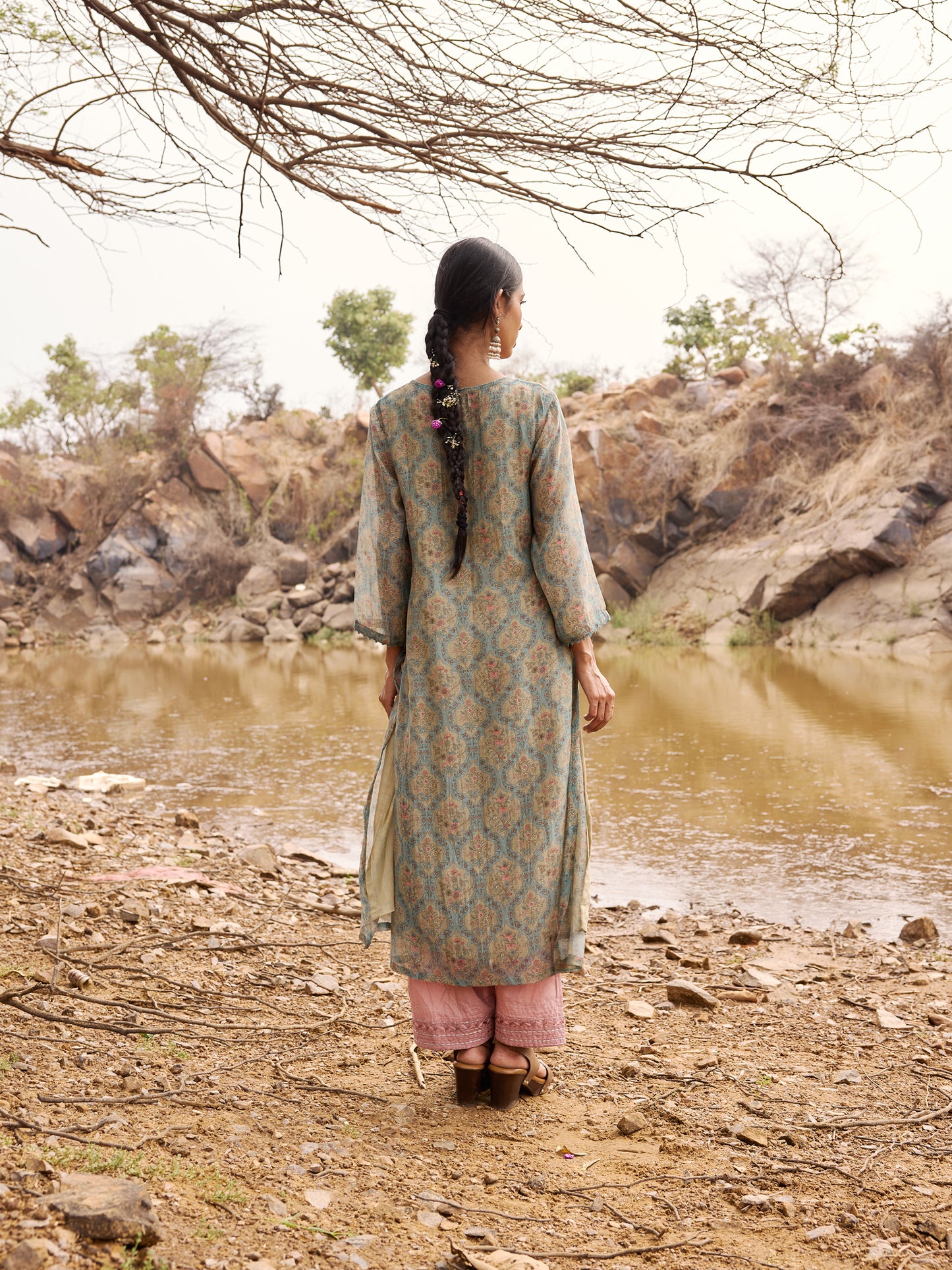 Sage Green and Blue Printed Mul Chanderi Beadwork Kurta Set