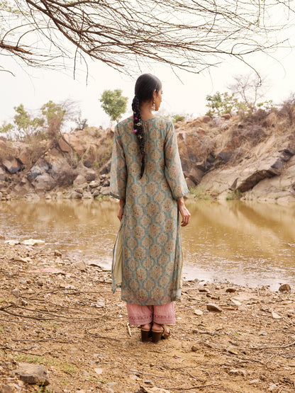 Sage Green and Blue Printed Mul Chanderi Beadwork Kurta Set