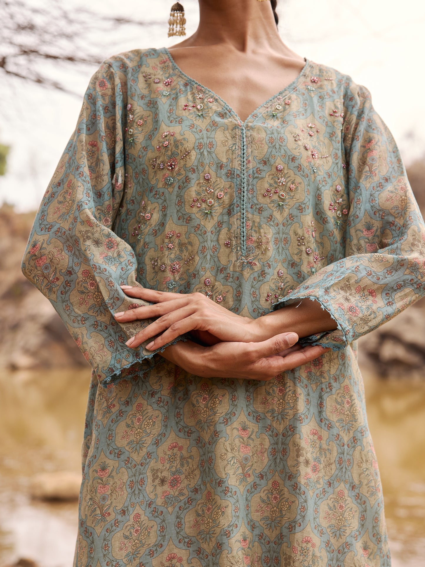 Sage Green and Blue Printed Mul Chanderi Beadwork Kurta Set