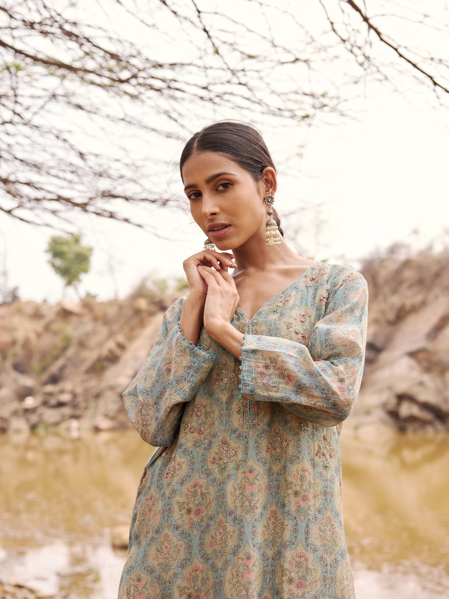 Sage Green and Blue Printed Mul Chanderi Beadwork Kurta Set