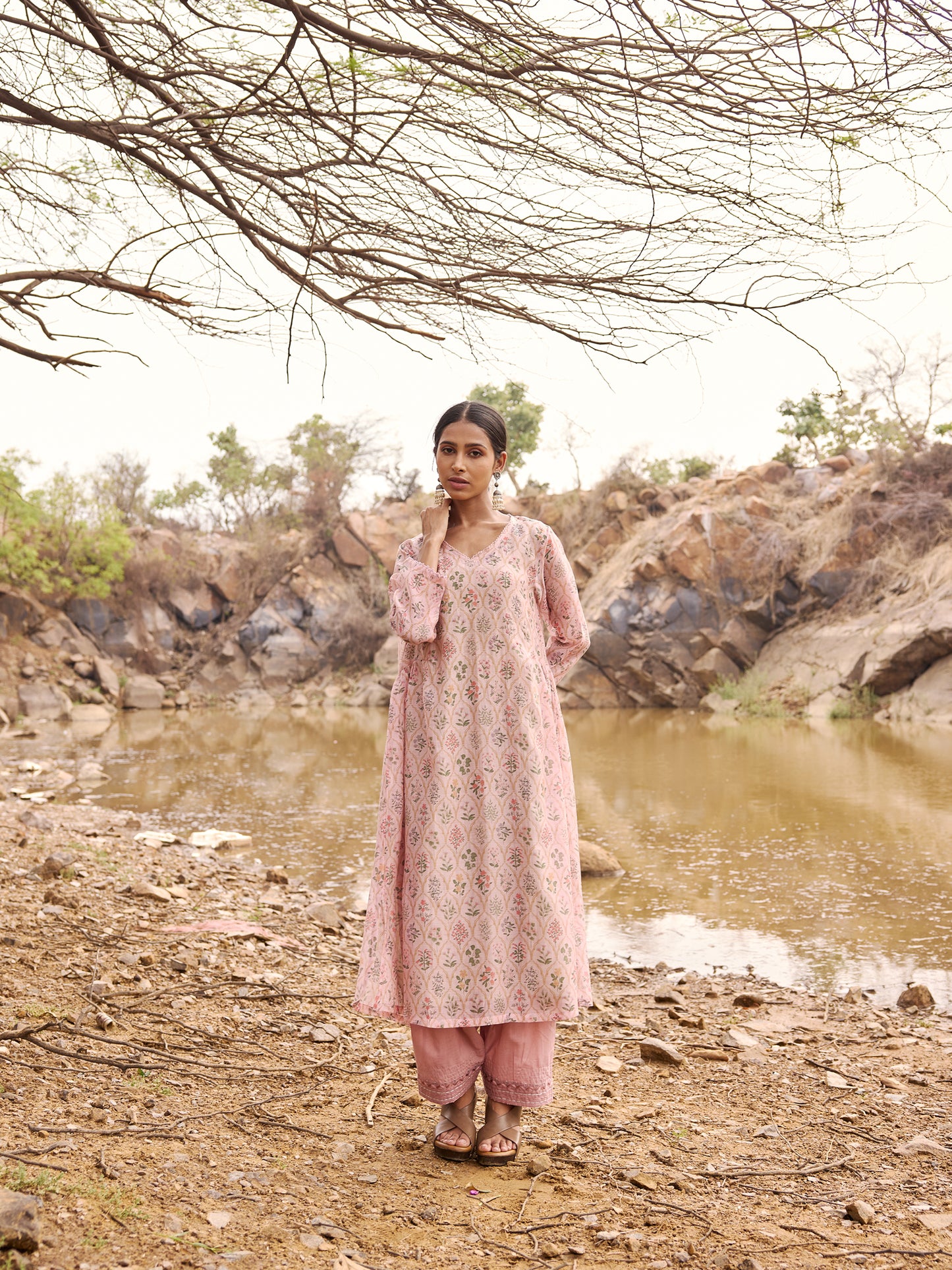 Soft Lavender Printed mul chanderi beadwork Kurta