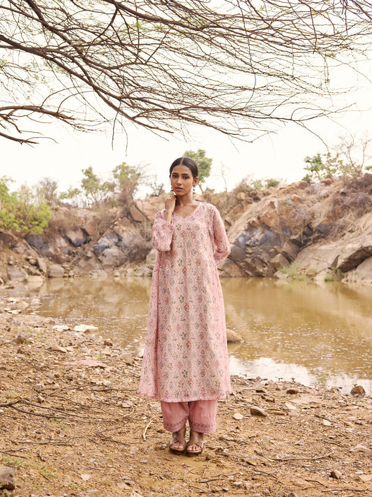 Soft Lavender Printed mul chanderi beadwork Kurta