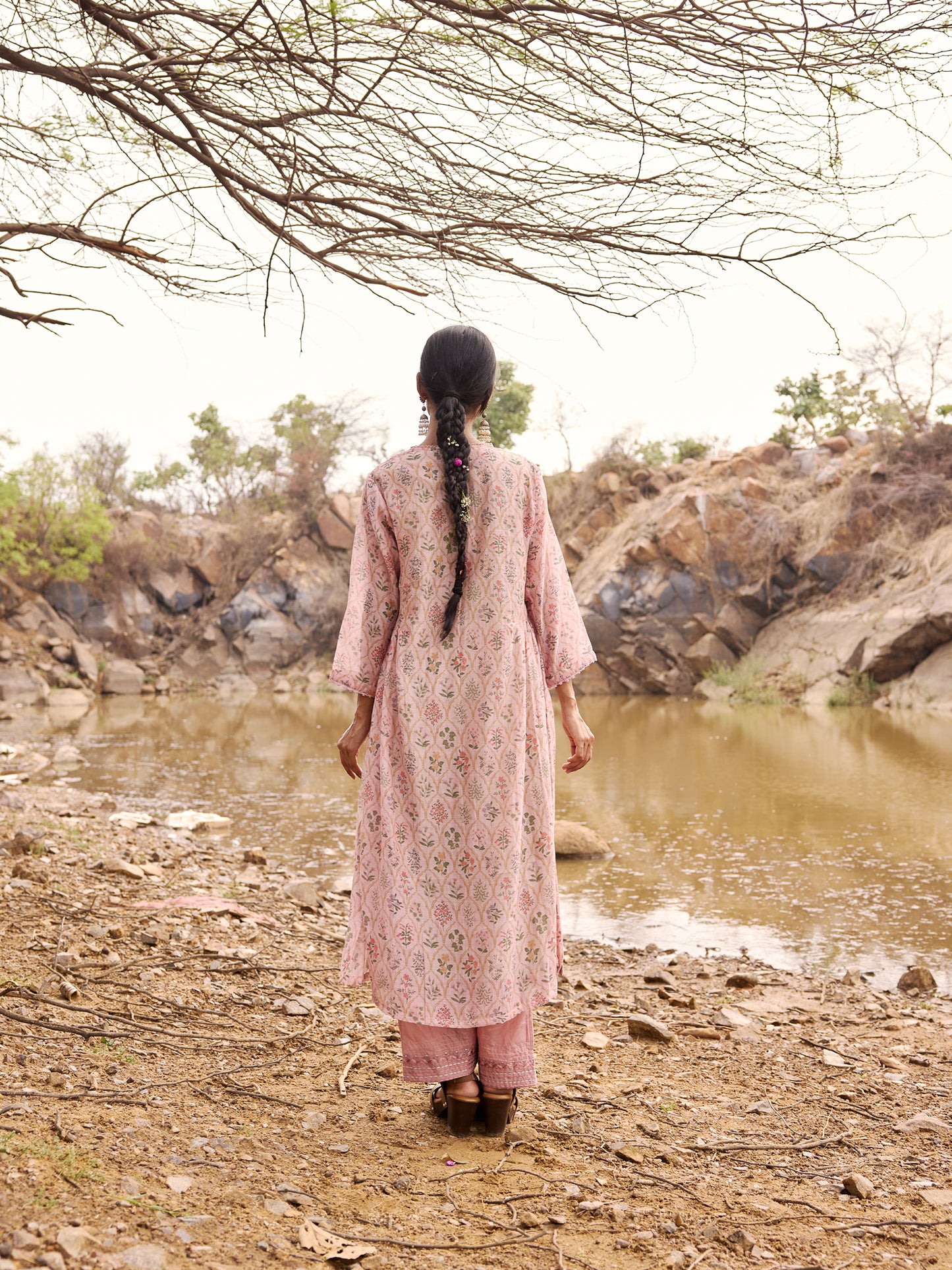 Soft Lavender Printed mul chanderi beadwork Kurta