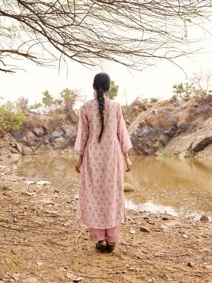 Soft Lavender Printed mul chanderi beadwork Kurta
