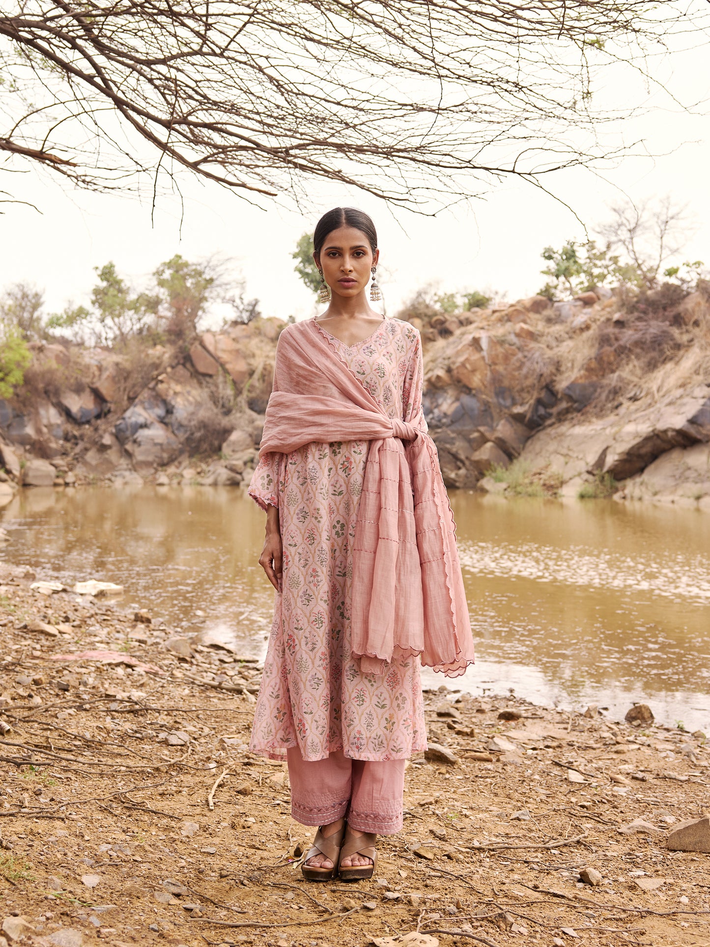 Soft Lavender Printed mul chanderi beadwork Kurta