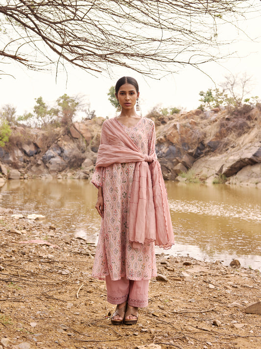 Soft Lavender Printed mul chanderi beadwrk Kurta Set