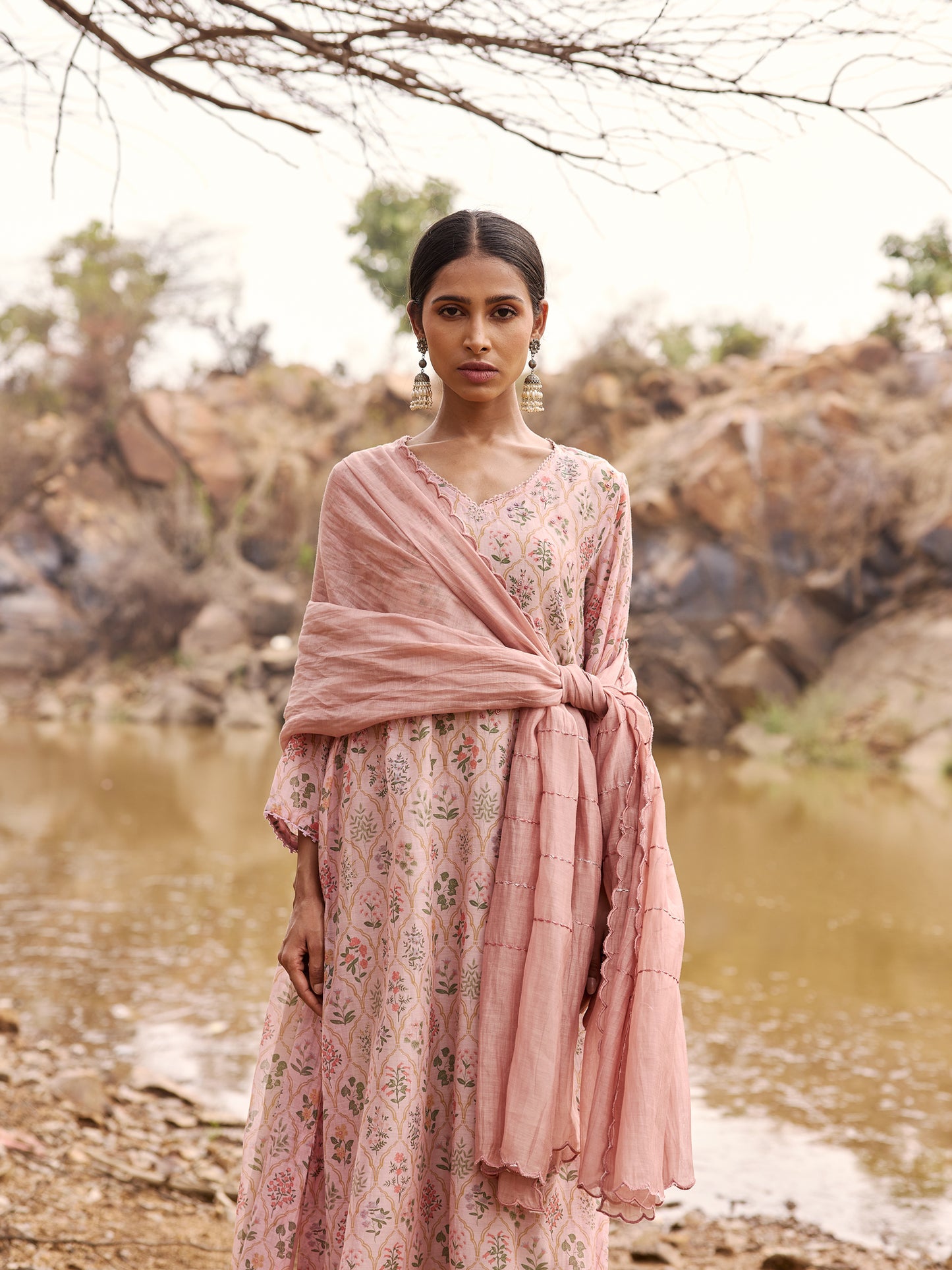 Soft Lavender Printed mul chanderi beadwork Kurta