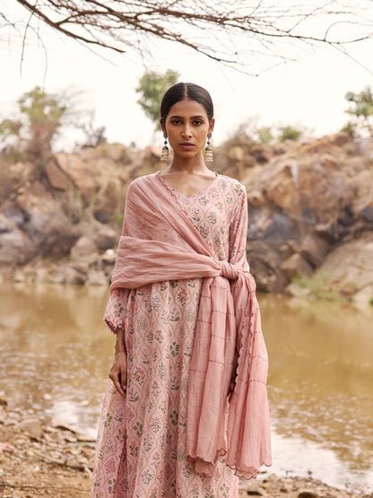 Soft Lavender Printed mul chanderi beadwork Kurta