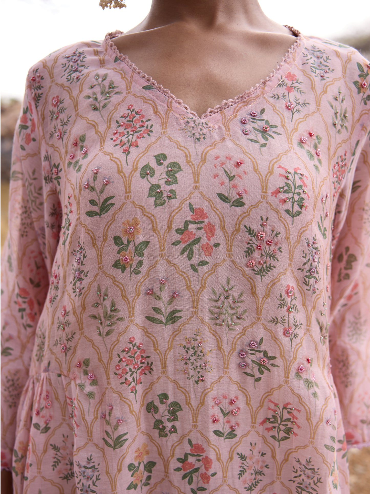 Soft Lavender Printed mul chanderi beadwork Kurta
