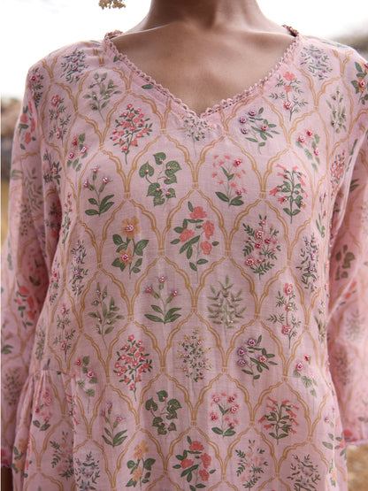 Soft Lavender Printed mul chanderi beadwork Kurta