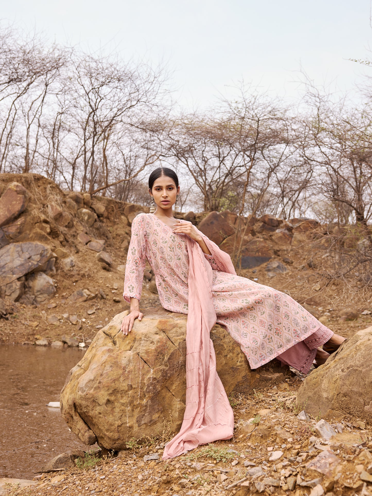 Soft Lavender Printed mul chanderi beadwrk Kurta Set