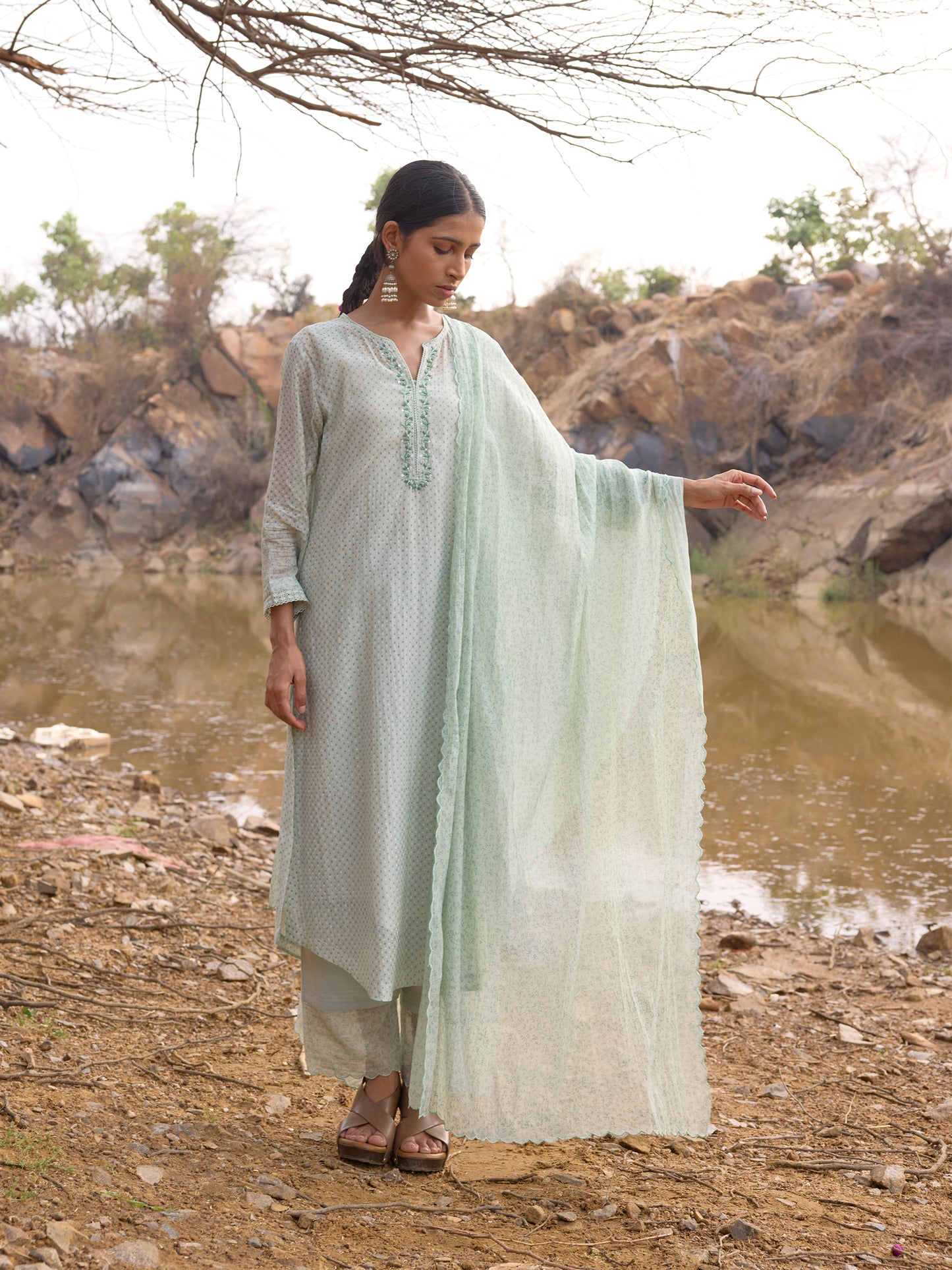 Sky Blue Printed Mul Chanderi Scalloped Dupatta