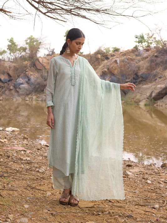Sky Blue Printed Mul Chanderi Scalloped Dupatta