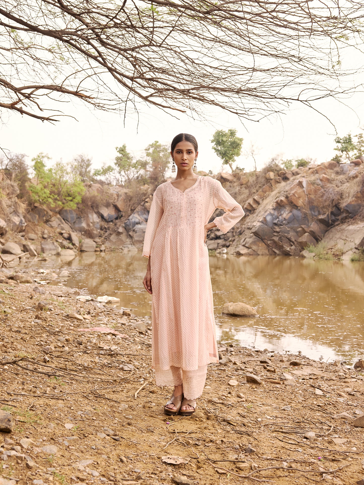 Peach printed mul chanderi Beadwork Kurta