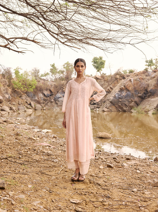 Peach printed mul chanderi Beadwork Kurta