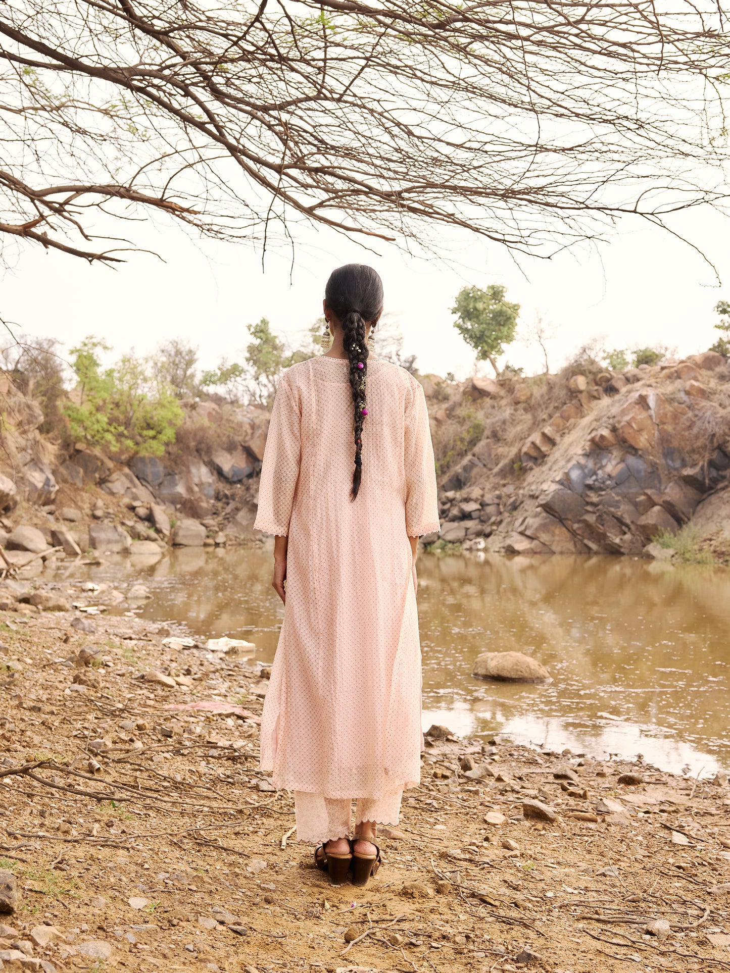 Peach printed mul chanderi Beadwork Kurta