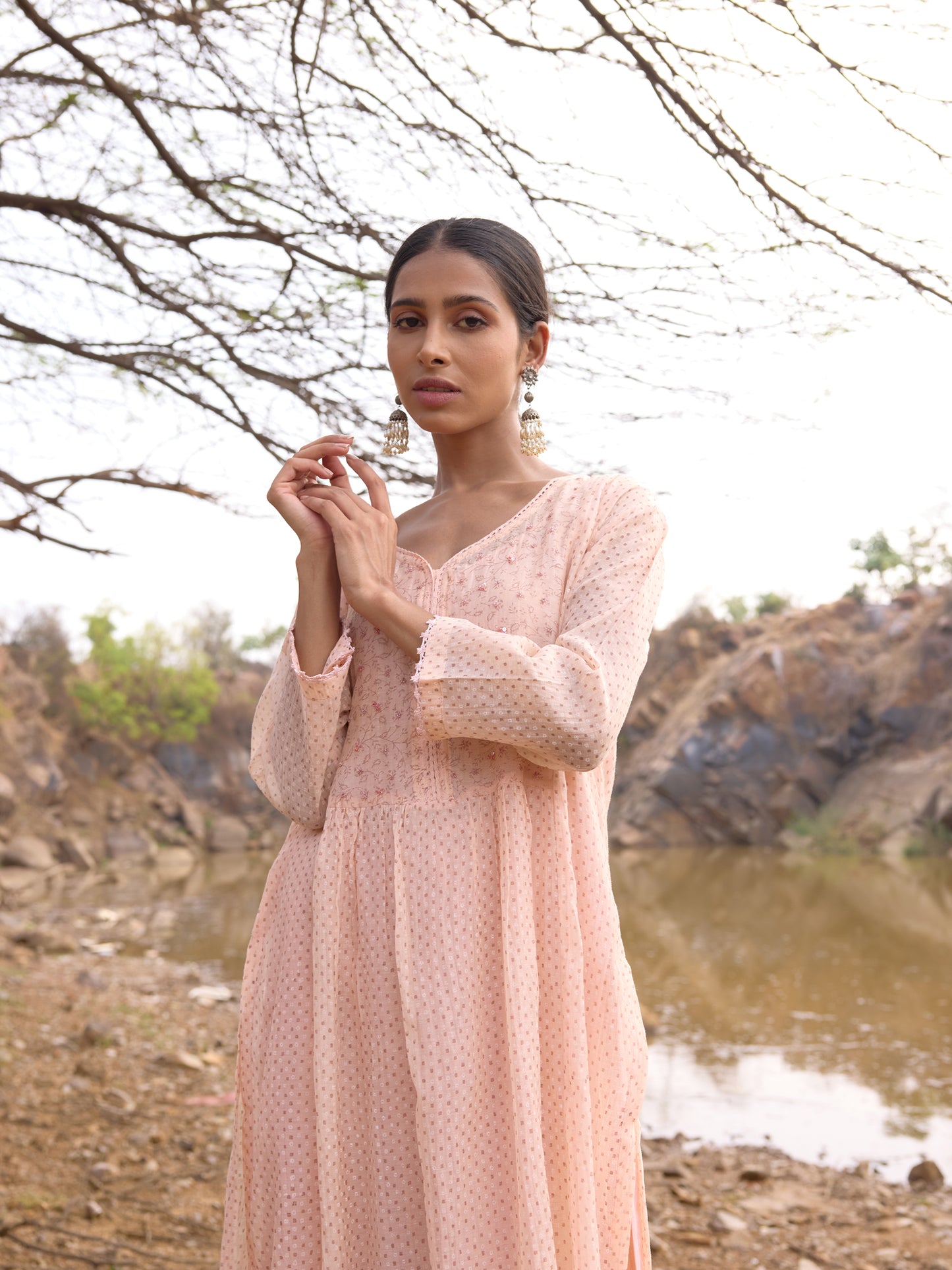 Peach printed mul chanderi Beadwork Kurta