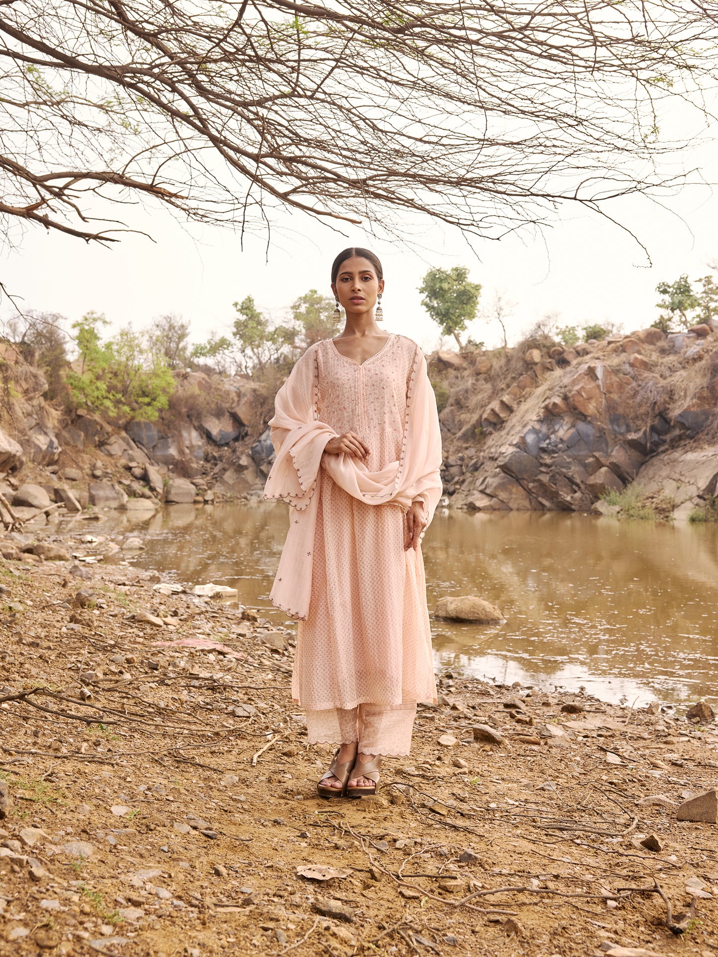 Peach printed mul chanderi Beadwork Kurta
