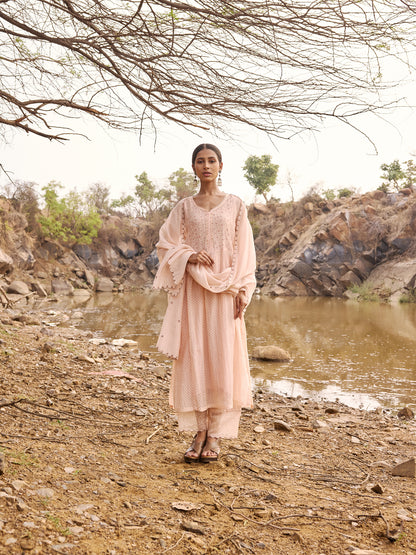 Peach printed mul chanderi Beadwork Kurta