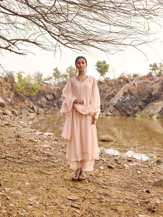 Peach printed mul chanderi Beadwork Kurta Set