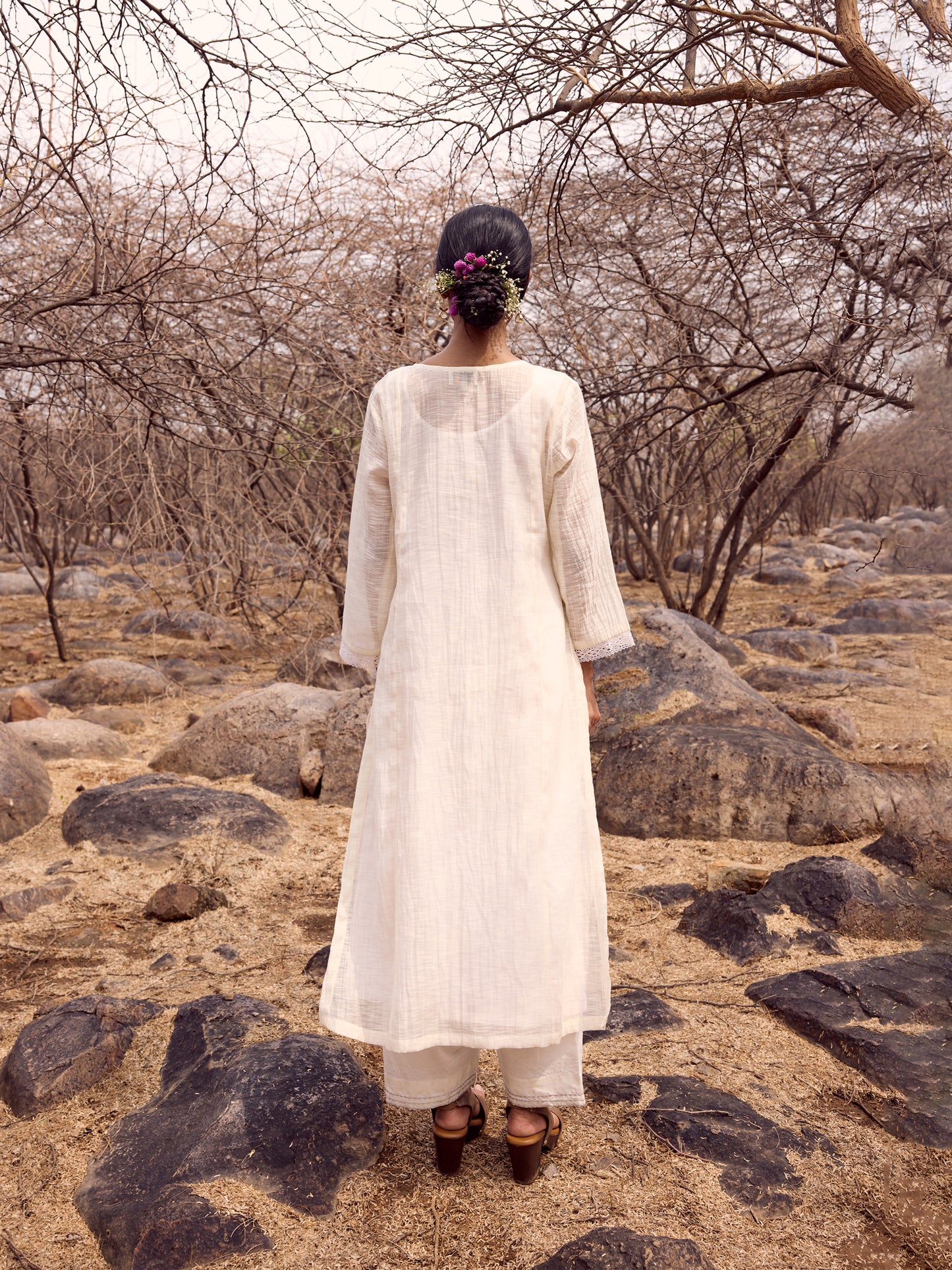 Off white khadi chanderi cutwork kurta