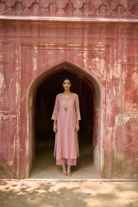 Dusty pink Cotton Jacquard Kurta Set