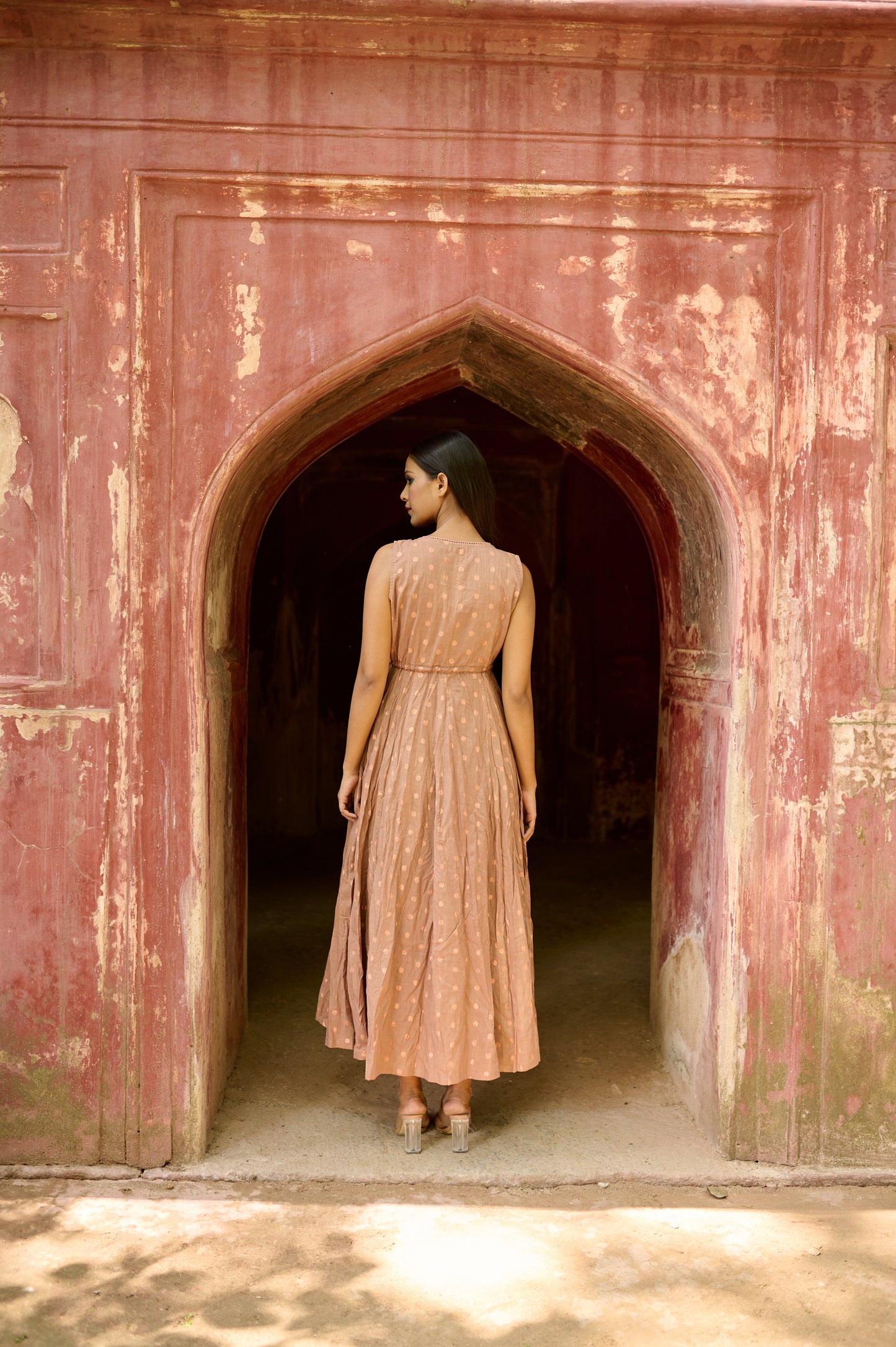 Brown Cotton Jacquard Flared Dress