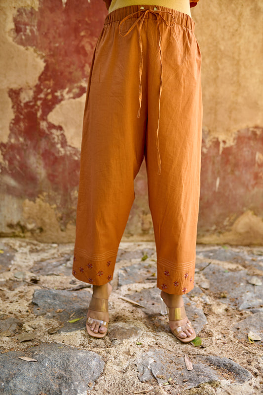 Rust Orange Zardozi Cotton Pants