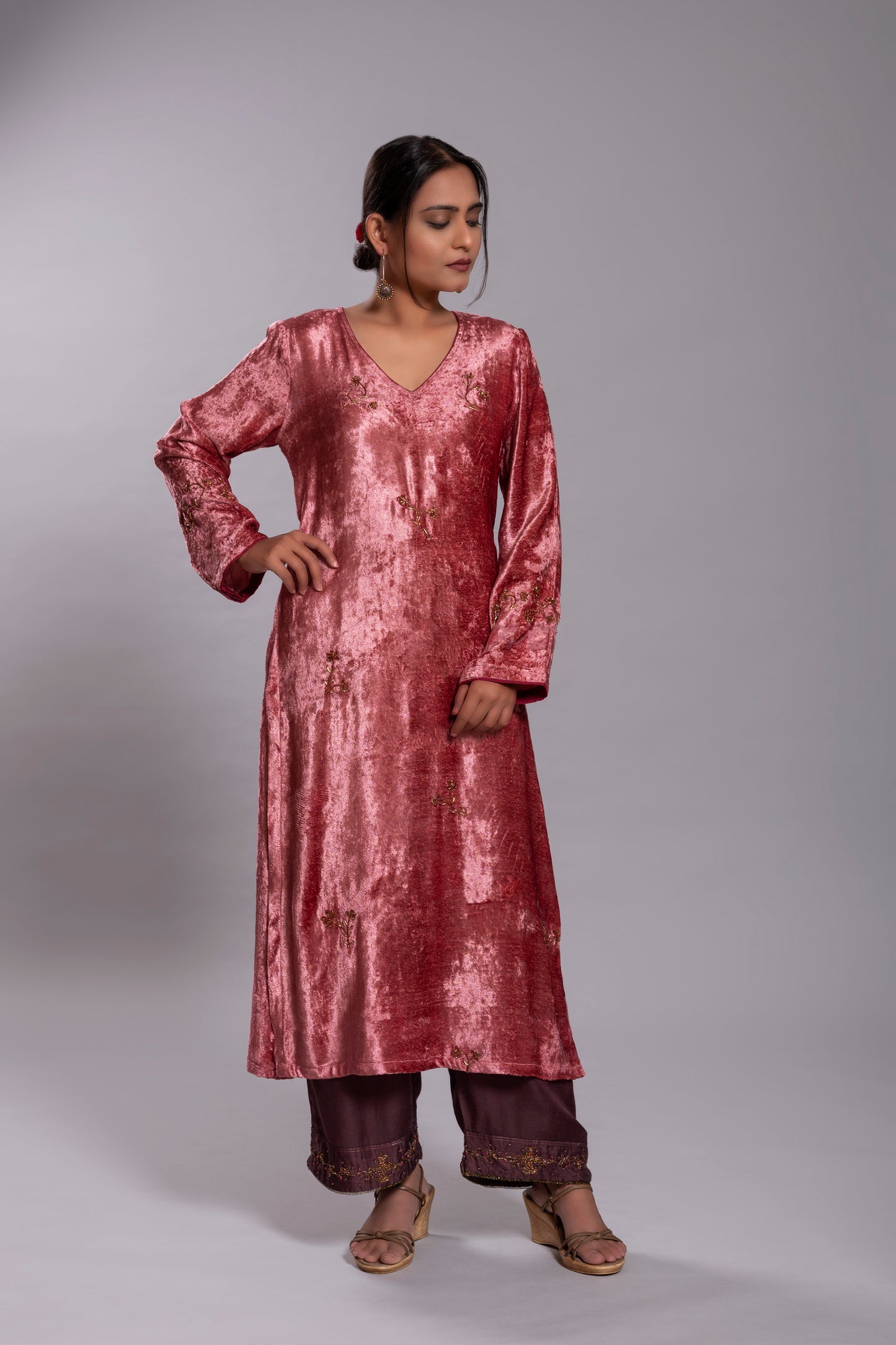 Old Rose Silk Velvet Kurta