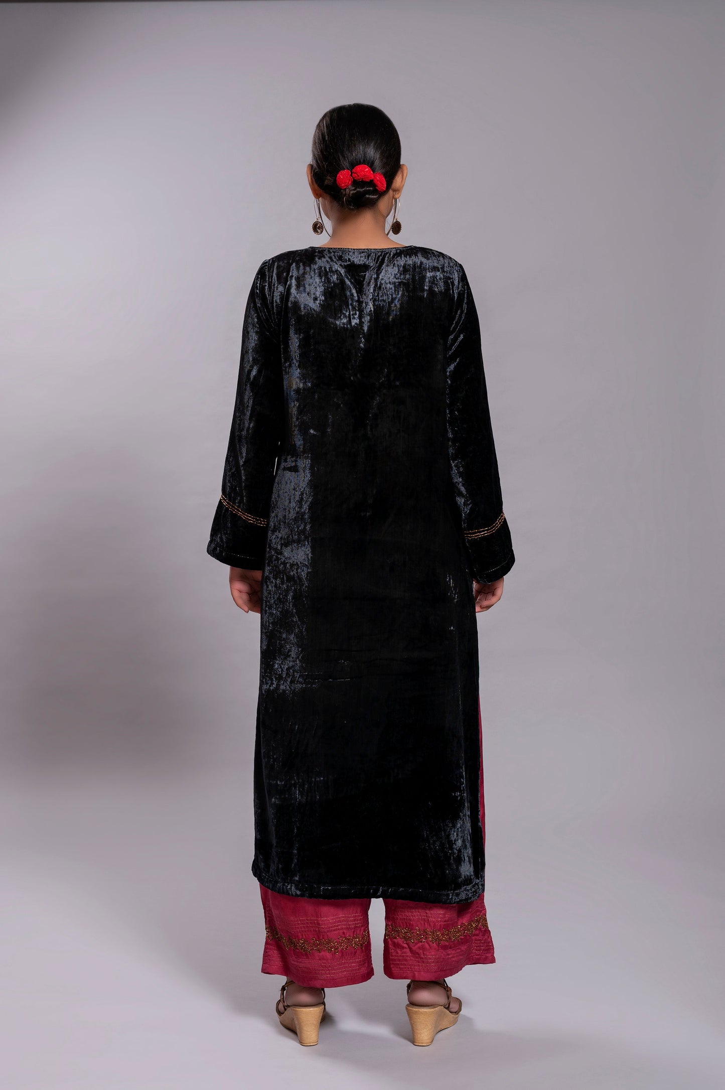 Black Silk Velvet Kurta Set