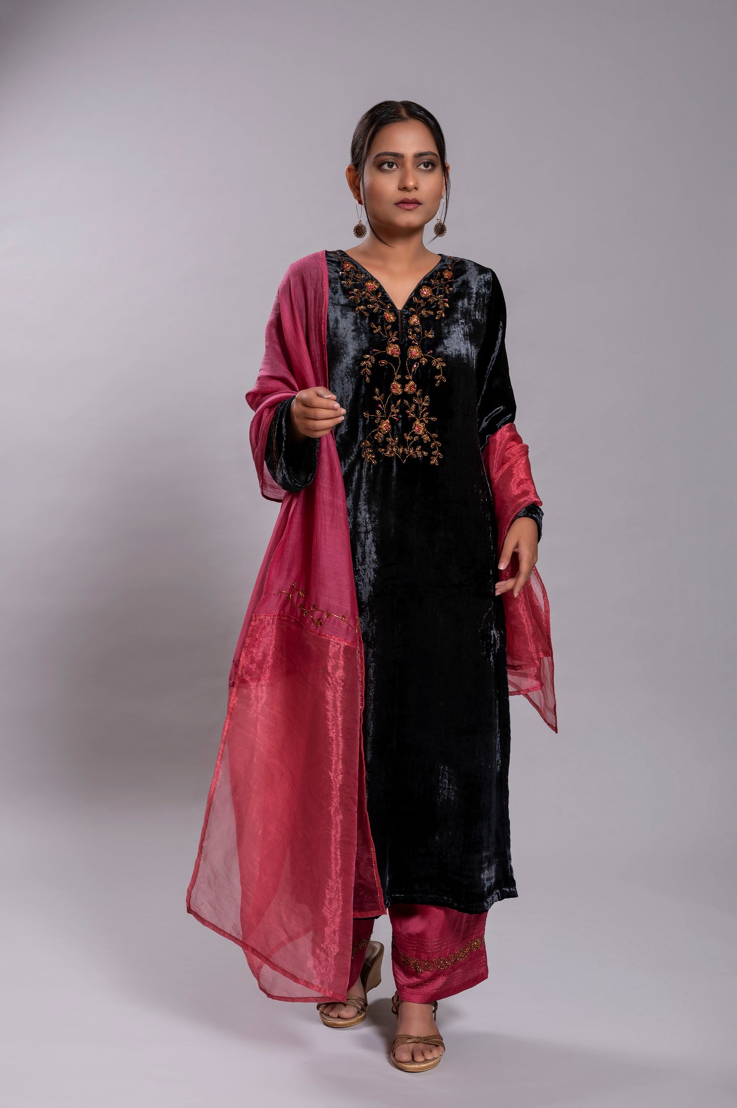 Black Silk Velvet Kurta Set