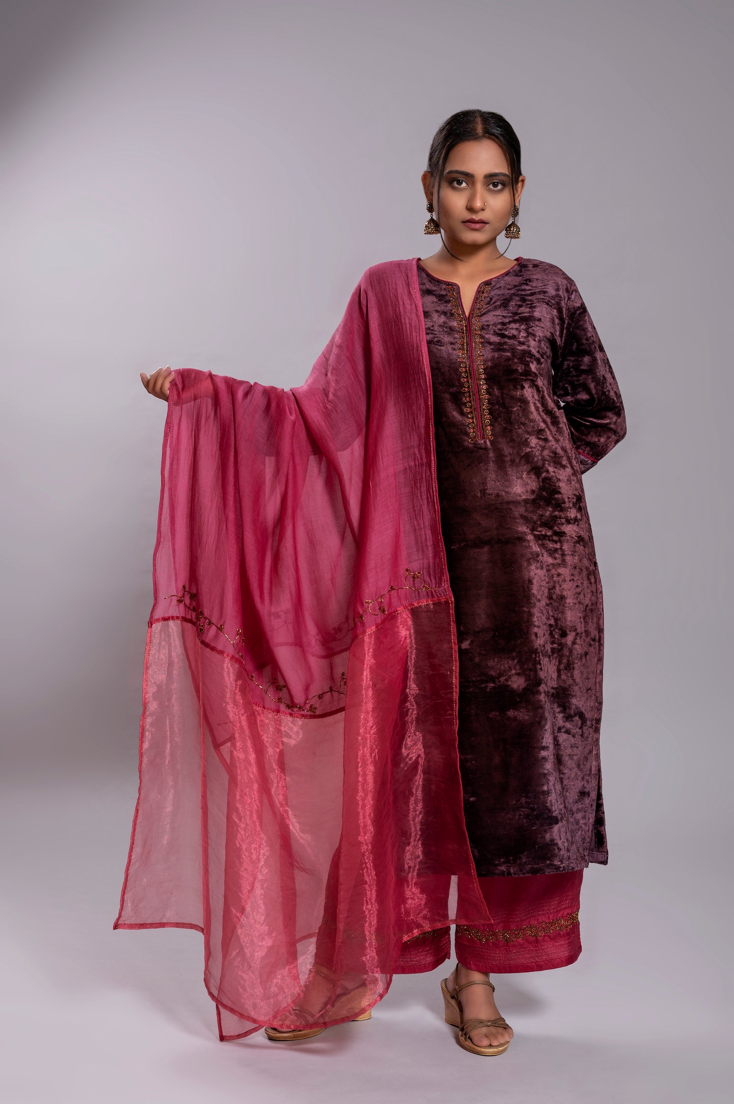 Dark Purple Silk Velvet Kurta Set