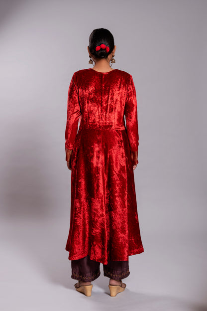 Red Silk Velvet Kurta