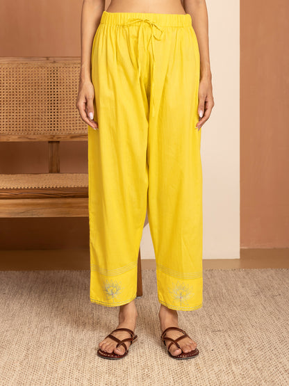 Lemon yellow mul chanderi thread and fabric cutwork work kurta set